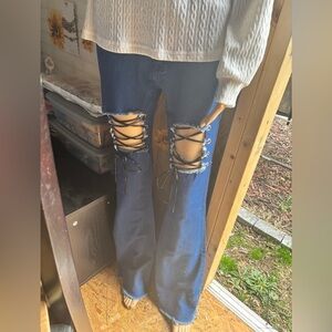 Stylish Blue Lace-Up Women Jeans